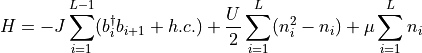 H = - J \sum_{i=1}^{L-1} (b_{i}^{\dagger} b_{i+1} + h.c.)
    + \frac{U}{2} \sum_{i=1}^{L} (n_{i}^2 - n_{i})
    + \mu \sum_{i=1}^{L} n_{i}